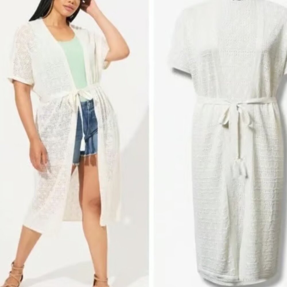 NEW Crochet‎ Duster Short Sleeve Tie Waist Sweater White Longline Cardigan